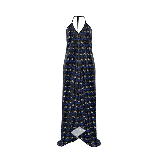 Boston Pretty & Puff Midnight Monogram Halter Maxi Dress – Royal Blue, Silver & Black